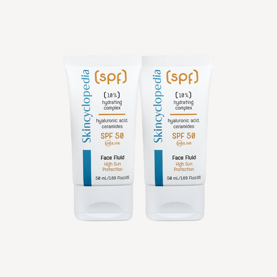 Комплект от 2 броя SPF 50 слънцезащитен флуид за лице с 10% хидратиращ комплекс с хиалуронова киселина, серамиди, полиглутаминова киселина, 50ml